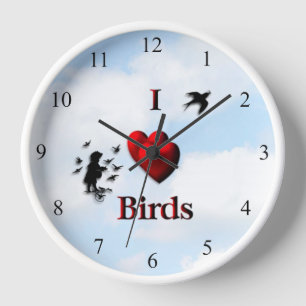 I Heart Birds Cloudy Day  Kitchen Wall Clock