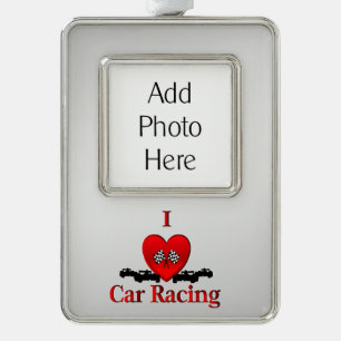 I Heart Car Racing Silver with Custom Photo Plated Framed Ornament