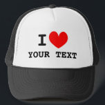 I heart custom I love trucker hat<br><div class="desc">I heart custom I love trucker hat. Make your own fun cap. Examples: I heart burritos,  i heart wine,  i heart you etc. Personalise this template with your own funny text.</div>