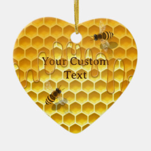 I Heart Honeybees Honeycomb Custom Text Ceramic Ornament
