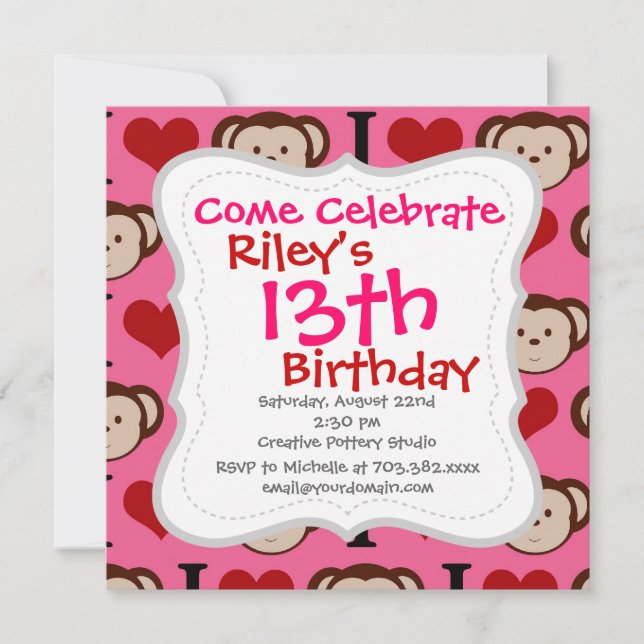 I Heart Monkey Pink I Love Monkeys Invitations (Front)
