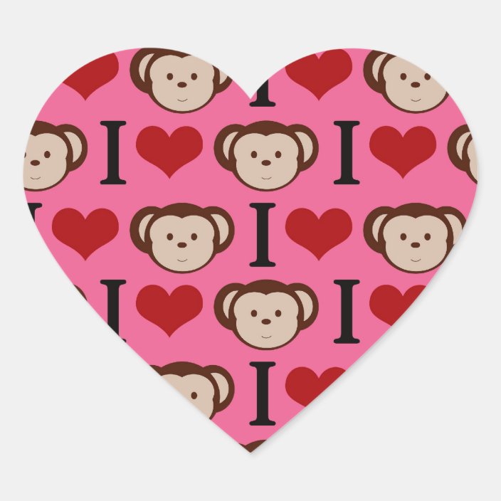 I Heart Monkey Pink I Love Monkeys Valentines Heart Sticker