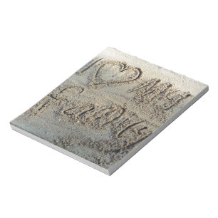 I heart my family, sand writing beach love quote notepad
