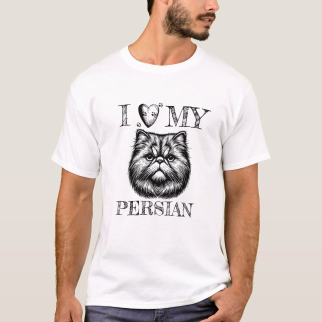 I Heart My Persian, Cat and Pawprints Black T-Shirt (Front)
