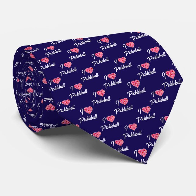 I Heart Pickleball Pink Red Pickleballs on Navy Tie (Rolled)