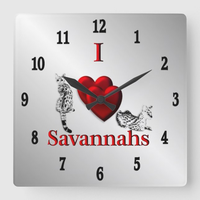 I Heart Savannah Cat Silver Black Numbers Square Wall Clock (Front)