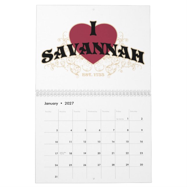 I Heart Savannah Est 1733 calendar (Jan 2027)