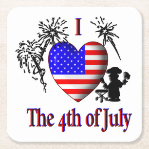 I Heart The Fourth of July Square Paper Coaster