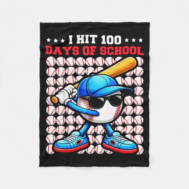 I Hit 100 Days Of School Funny Baseball Player Kid Fleece Blanket (Front)