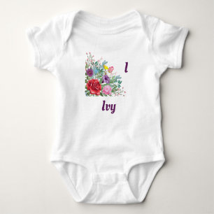 I Ivy Personalise Letter Name, Rose Flowers Baby Bodysuit