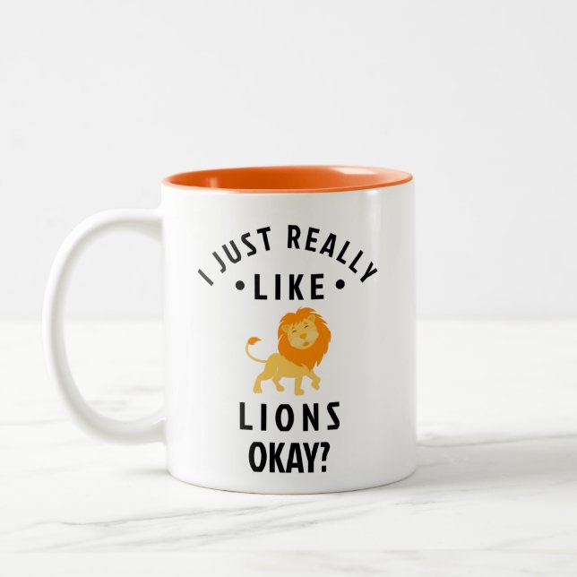 I Just Really Like Lions Okay? // Fun Animal Two-Tone Coffee Mug (Left)