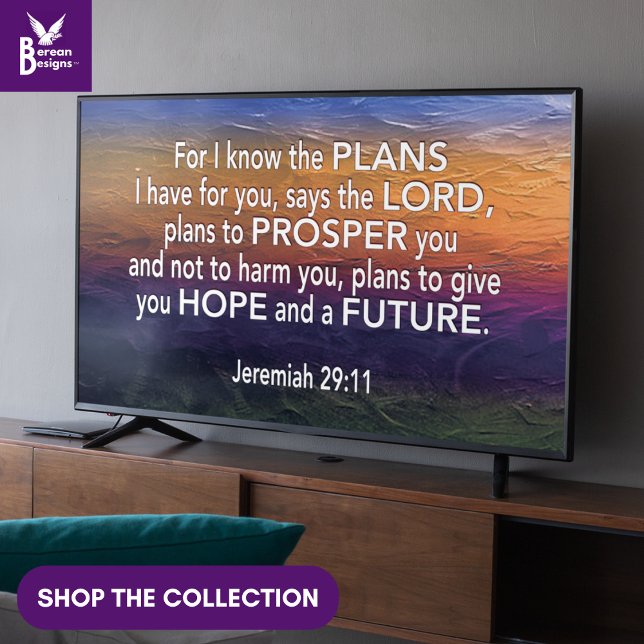 I KNOW THE PLANS Jer 29:11 Christian Frame Art TV  Poster (Jeremiah 29:11 Christian Bible verse wall art for display TV with colored ice background.)
