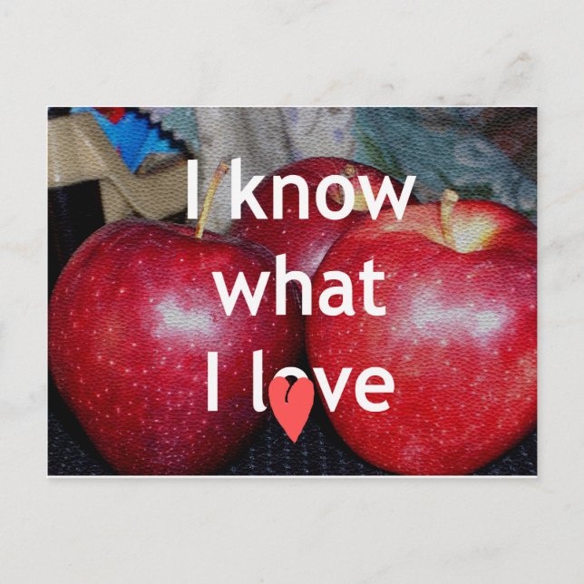 "I Know What I Love" – Apple-Themed Design Postcard (Front)