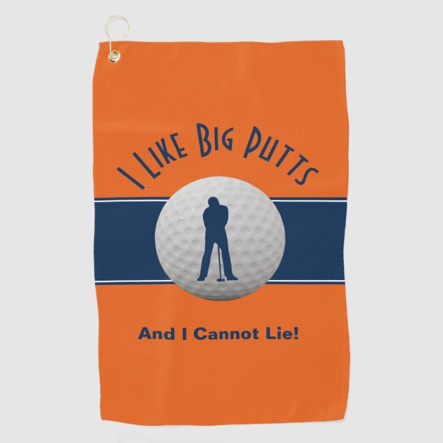 I Like Big Putts Golf Humour Fun Orange Blue Golf Towel (Front)
