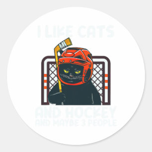 I Like Cats And Hockey And Maybe 3 People Black Ca Classic Round Sticker