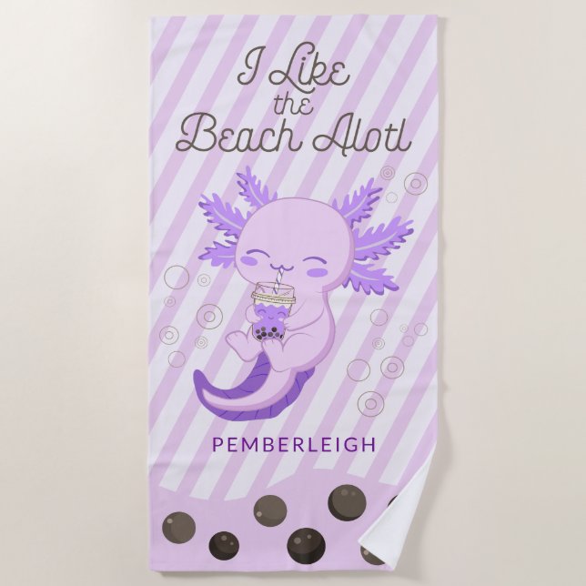 'I Like the Beach Alotl’ Boba Tea Axolotl Purple Beach Towel (Front)
