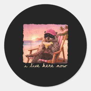 I live here funny racoon meme feral girl summer classic round sticker