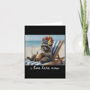I Live Here Now Funny Racoon Drinking Iced Coffee Card
