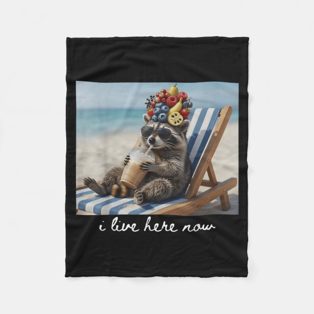 I Live Here Now Funny Racoon Drinking Iced Coffee Fleece Blanket (Front)