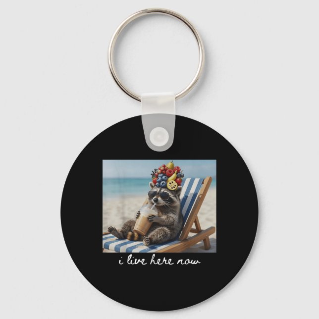 I Live Here Now Funny Racoon Drinking Iced Coffee Key Ring (Front)