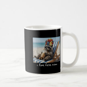 I Live Here Now Funny Racoon Drinking Iced Coffee Mug