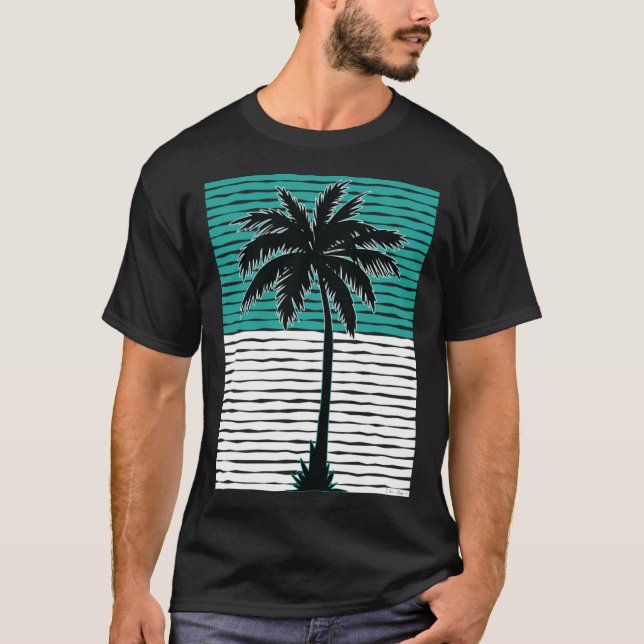 I Live Life Palm Tree Picture Cool Aqua Green Whit T-Shirt (Front)