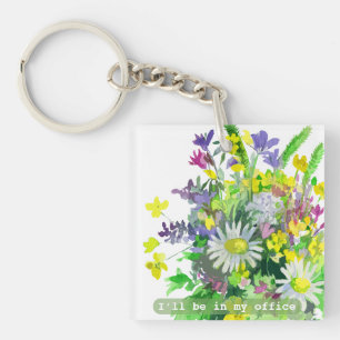 I’ll Be in My Office Watercolor flowers Key Ring
