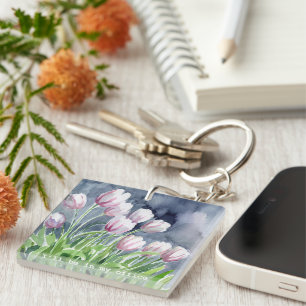 I’ll Be in My Office Watercolor tulips Key Ring