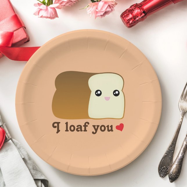 I Loaf You Kawaii Bread Funny Cartoon Food Pun Paper Plate (Creator Uploaded)