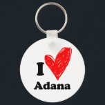 I Love Adana Key Ring<br><div class="desc">This quaint keychain features the affectionate phrase "I ❤️ Adana, " highlighting a fondness for the city of Adana, Turkey. The classic design pairs a bold, black 'I' with a hand-drawn style heart in red, symbolizing love and enthusiasm for the city known for its vibrant culture and delicious cuisine. This...</div>