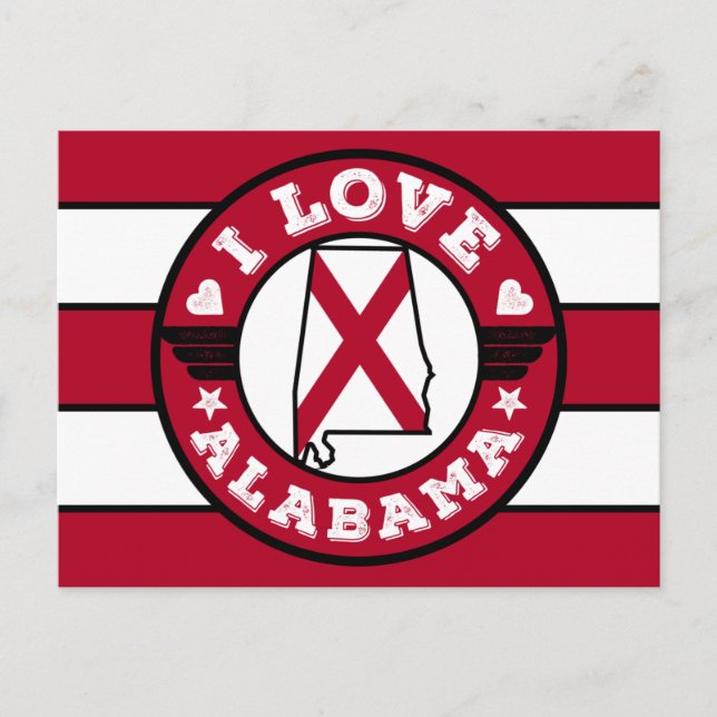 I Love Alabama Colour Matched Stripes Map and Flag Postcard (Front)