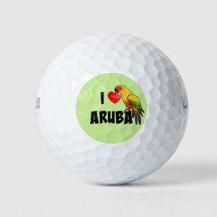 I Love Aruba text design with Parrot Golf Balls