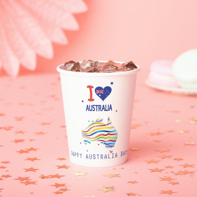"I LOVE AUSTRALIA" Australia Day 26th January Paper Cups (Insitu)