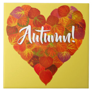 I Love Autumn, Bold—Red Aspen Leaf Heart 1 Ceramic Tile