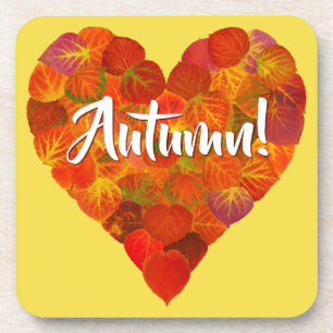I Love Autumn, Bold—Red Aspen Leaf Heart 1 Coaster