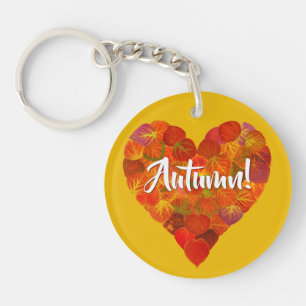 I Love Autumn, Bold—Red Aspen Leaf Heart 1 Key Ring