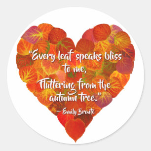 I Love Autumn—Red Aspen Leaf Heart 1, Brontë Quote Classic Round Sticker
