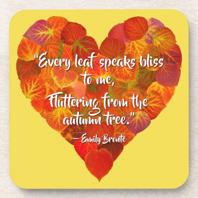 I Love Autumn—Red Aspen Leaf Heart 1, Brontë Quote Coaster (Front)