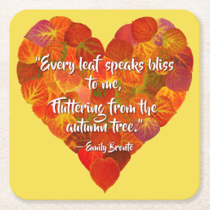 I Love Autumn—Red Aspen Leaf Heart 1, Brontë Quote Square Paper Coaster