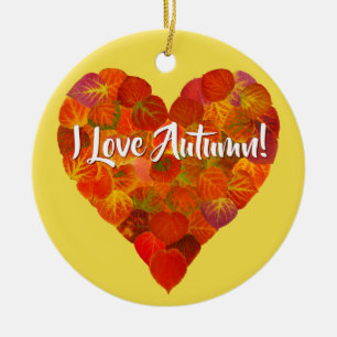 I Love Autumn!—Red Aspen Leaf Heart 1 Ceramic Ornament
