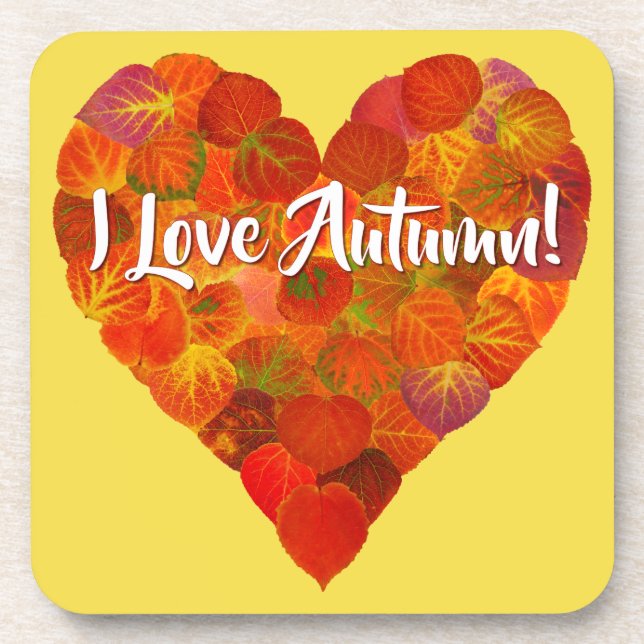 I Love Autumn!—Red Aspen Leaf Heart 1 Coaster (Front)