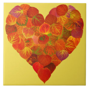 I Love Autumn, Subtle—Red Aspen Leaf Heart 1 Ceramic Tile