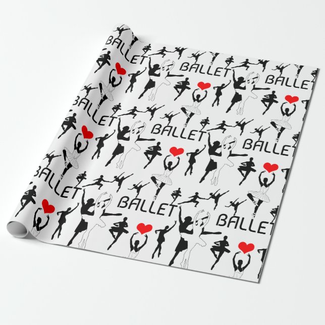 I Love Ballet Pattern. Black Ballet Dancers Wrapping Paper (Unrolled)