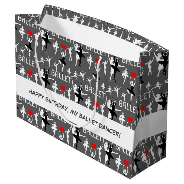 I Love Ballet Pattern. White Ballet Dancers Large Gift Bag (Back Angled)