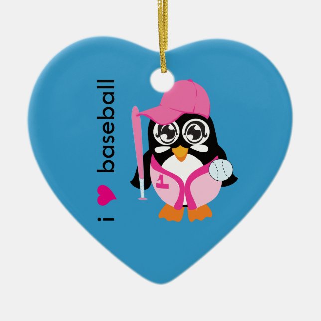 I Love Baseball Penguin Ceramic Ornament (Front)