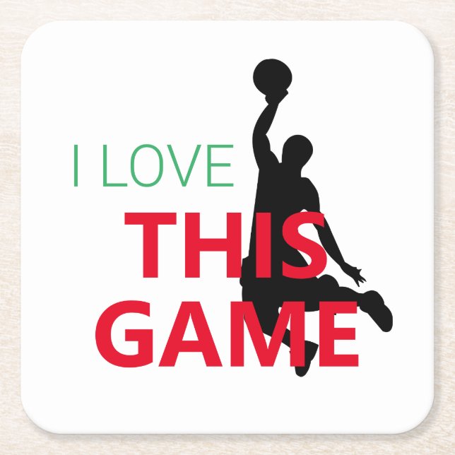 I Love Basketball Game Square Paper Coaster (Front)
