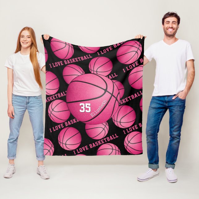 I love basketball girls pink basketballs pattern fleece blanket (In Situ)