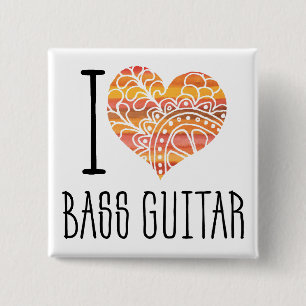 I Love Bass Guitar Orange Mandala Heart 15 Cm Square Badge