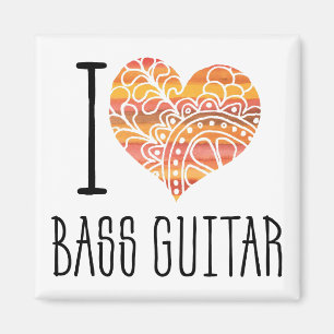 I Love Bass Guitar Orange Mandala Heart Magnet