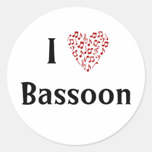 I Love Bassoon Red Heart of Music Notes Classic Round Sticker